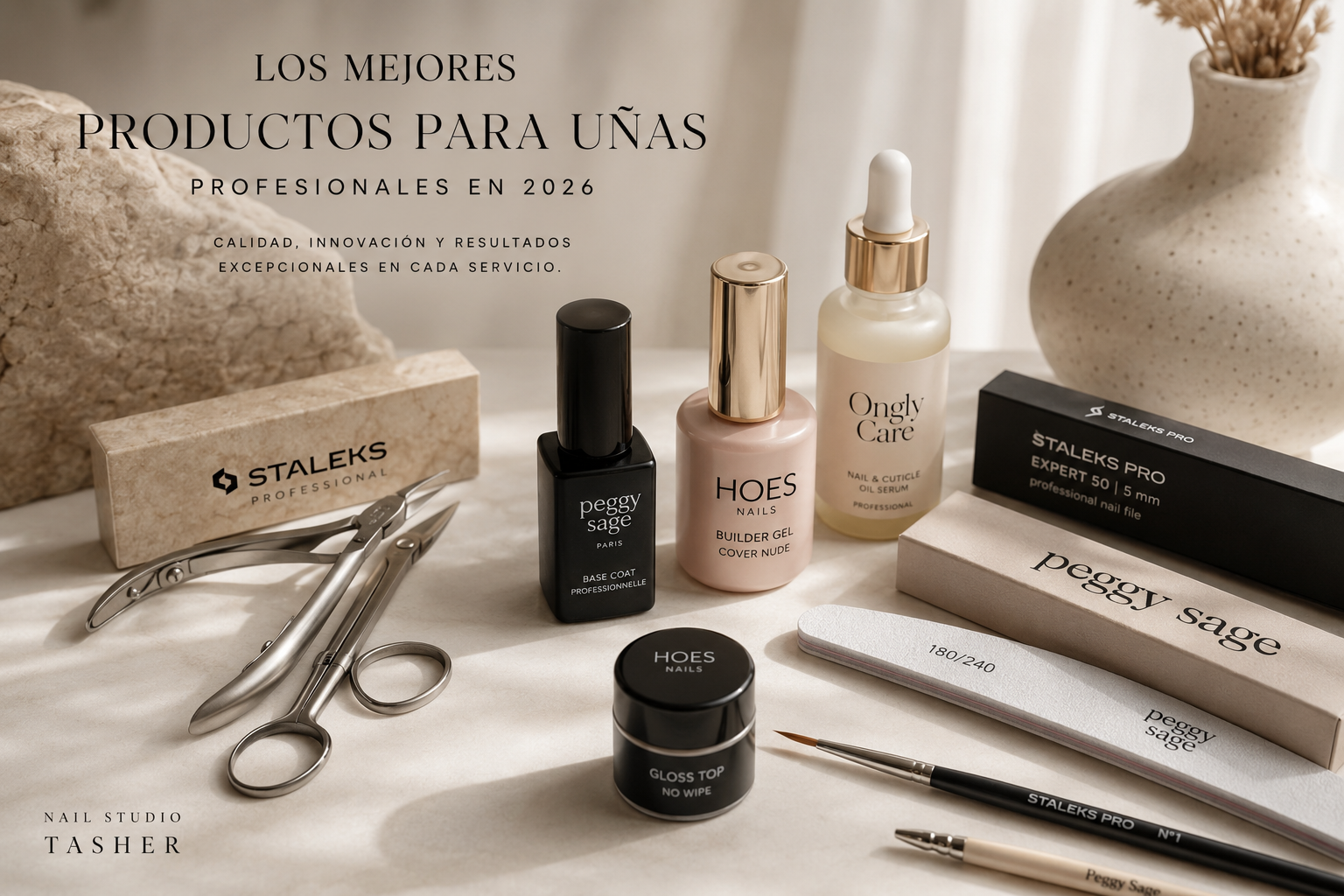 Productos profesionales para uñas utilizados en Nail Studio Tasher: herramientas Staleks, productos Peggy Sage, Hoes Nails y Ongly Care.